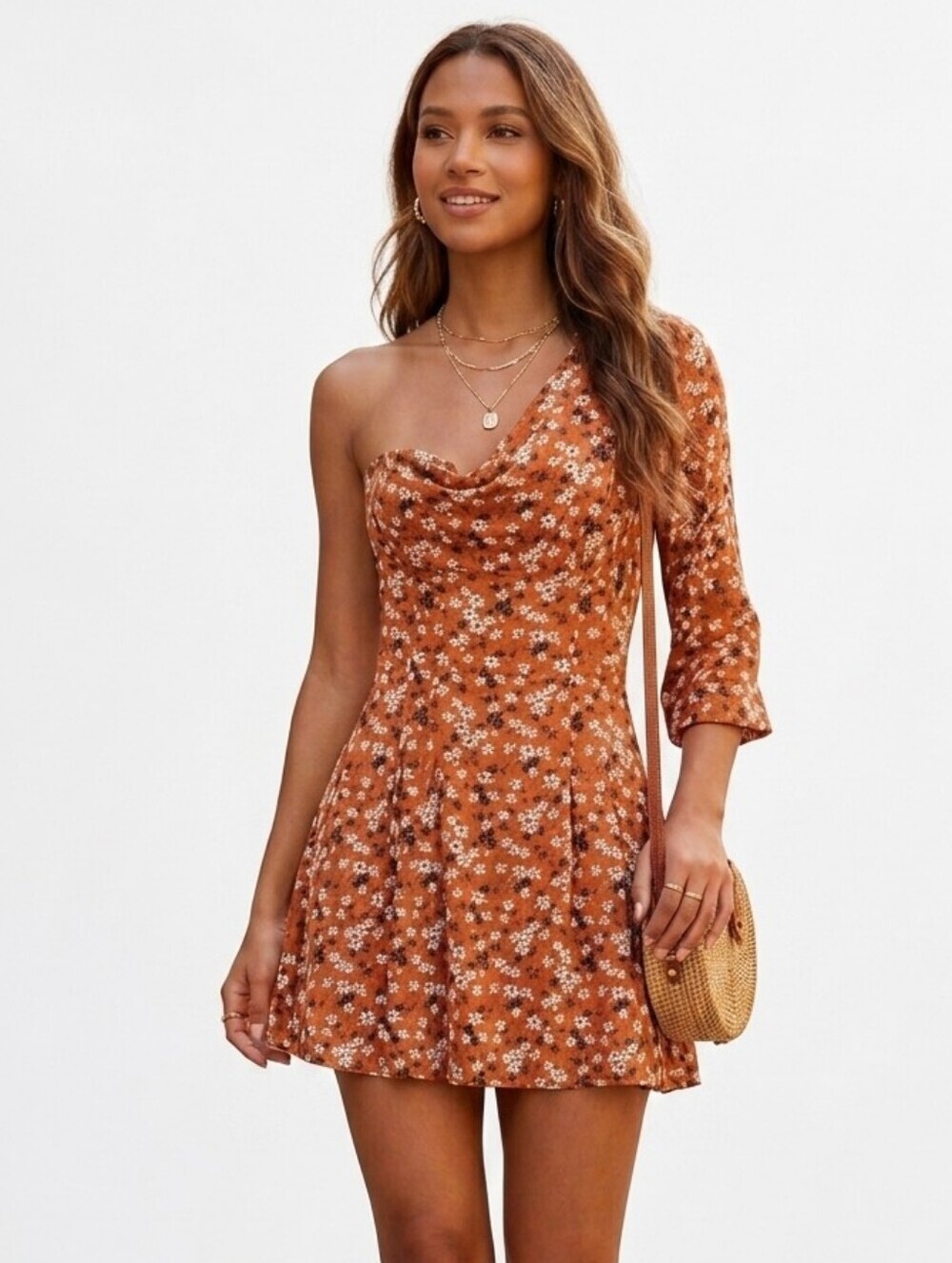 Free People S Small One Shoulder Rust Floral Mini Dress